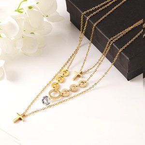 18K Gold Plated Three Layered Pendant Necklace with Cross